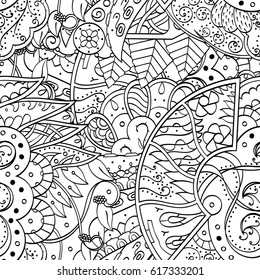 Tracery seamless pattern. Mehndi design. Ethnic monochrome binary doodle texture. Curved doodling black and white background. Vector