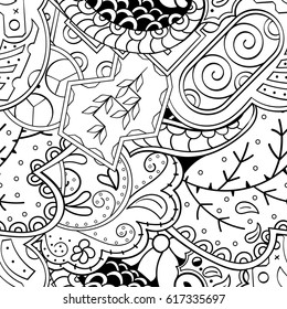 Tracery seamless pattern. Mehndi design. Ethnic monochrome binary doodle texture. Curved doodling black and white background. Vector