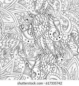 Tracery seamless pattern. Mehndi design. Ethnic monochrome binary doodle texture. Curved doodling black and white background. Vector