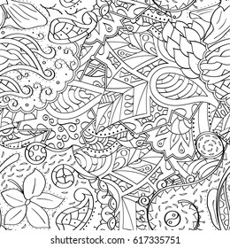 Tracery seamless pattern. Mehndi design. Ethnic monochrome binary doodle texture. Curved doodling black and white background. Vector