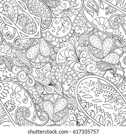 Tracery seamless pattern. Mehndi design. Ethnic monochrome binary doodle texture. Curved doodling black and white background. Vector