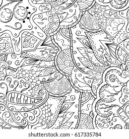 Tracery seamless pattern. Mehndi design. Ethnic monochrome binary doodle texture. Curved doodling black and white background. Vector