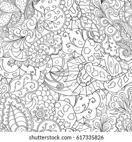 Tracery seamless pattern. Mehndi design. Ethnic monochrome binary doodle texture. Curved doodling black and white background. Vector