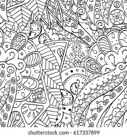 Tracery seamless pattern. Mehndi design. Ethnic monochrome binary doodle texture. Curved doodling black and white background. Vector