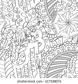 Tracery seamless pattern. Mehndi design. Ethnic monochrome binary doodle texture. Curved doodling black and white background. Vector