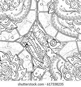 Tracery seamless pattern. Mehndi design. Ethnic monochrome binary doodle texture. Curved doodling black and white background. Vector