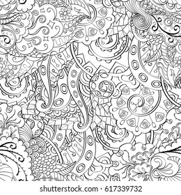 Tracery seamless pattern. Mehndi design. Ethnic monochrome binary doodle texture. Curved doodling black and white background. Vector