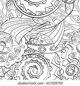 Tracery seamless pattern. Mehndi design. Ethnic monochrome binary doodle texture. Curved doodling black and white background. Vector