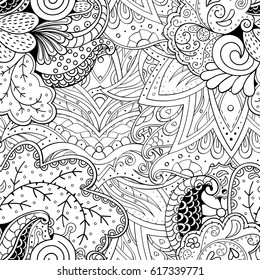 Tracery seamless pattern. Mehndi design. Ethnic monochrome binary doodle texture. Curved doodling black and white background. Vector