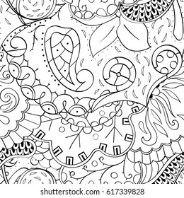 Tracery seamless pattern. Mehndi design. Ethnic monochrome binary doodle texture. Curved doodling black and white background. Vector