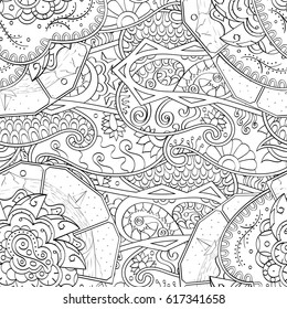 Tracery seamless pattern. Mehndi design. Ethnic monochrome binary doodle texture. Curved doodling black and white background. Vector