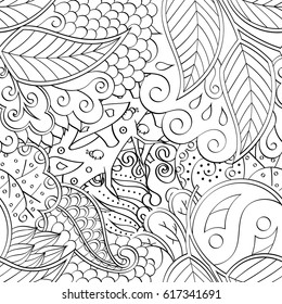 Tracery seamless pattern. Mehndi design. Ethnic monochrome binary doodle texture. Curved doodling black and white background. Vector