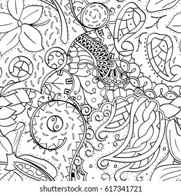 Tracery seamless pattern. Mehndi design. Ethnic monochrome binary doodle texture. Curved doodling black and white background. Vector
