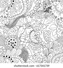 Tracery seamless pattern. Mehndi design. Ethnic monochrome binary doodle texture. Curved doodling black and white background. Vector