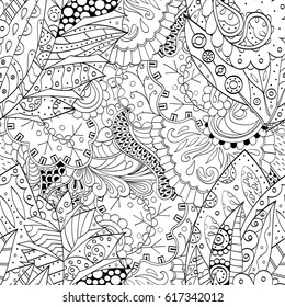 Tracery seamless pattern. Mehndi design. Ethnic monochrome binary doodle texture. Curved doodling black and white background. Vector