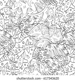 Tracery seamless pattern. Mehndi design. Ethnic monochrome binary doodle texture. Curved doodling black and white background. Vector