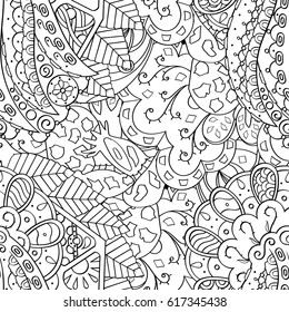 Tracery seamless pattern. Mehndi design. Ethnic monochrome binary doodle texture. Curved doodling black and white background. Vector