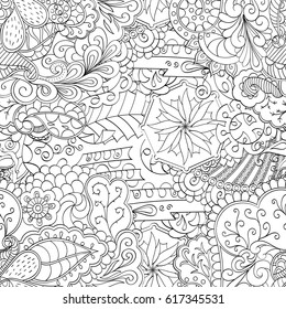 Tracery seamless pattern. Mehndi design. Ethnic monochrome binary doodle texture. Curved doodling black and white background. Vector