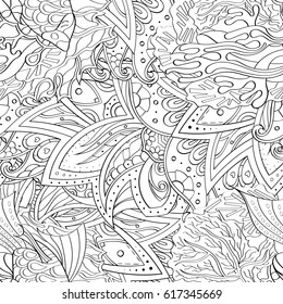 Tracery seamless pattern. Mehndi design. Ethnic monochrome binary doodle texture. Curved doodling black and white background. Vector