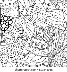 Tracery seamless pattern. Mehndi design. Ethnic monochrome binary doodle texture. Curved doodling black and white background. Vector