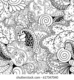 Tracery seamless pattern. Mehndi design. Ethnic monochrome binary doodle texture. Curved doodling black and white background. Vector