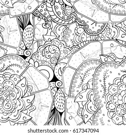 Tracery seamless pattern. Mehndi design. Ethnic monochrome binary doodle texture. Curved doodling black and white background. Vector