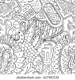 Tracery seamless pattern. Mehndi design. Ethnic monochrome binary doodle texture. Curved doodling black and white background. Vector