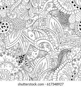 Tracery seamless pattern. Mehndi design. Ethnic monochrome binary doodle texture. Curved doodling black and white background. Vector