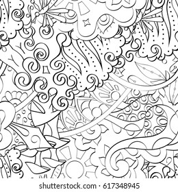 Tracery seamless pattern. Mehndi design. Ethnic monochrome binary doodle texture. Curved doodling black and white background. Vector