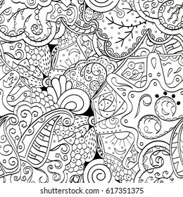 Tracery seamless pattern. Mehndi design. Ethnic monochrome binary doodle texture. Curved doodling black and white background. Vector