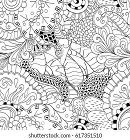 Tracery seamless pattern. Mehndi design. Ethnic monochrome binary doodle texture. Curved doodling black and white background. Vector
