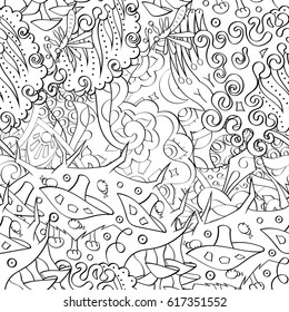 Tracery seamless pattern. Mehndi design. Ethnic monochrome binary doodle texture. Curved doodling black and white background. Vector