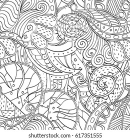 Tracery seamless pattern. Mehndi design. Ethnic monochrome binary doodle texture. Curved doodling black and white background. Vector