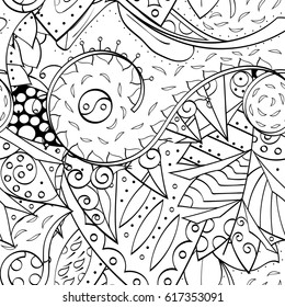 Tracery seamless pattern. Mehndi design. Ethnic monochrome binary doodle texture. Curved doodling black and white background. Vector