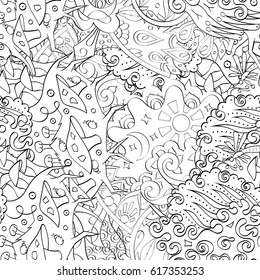 Tracery seamless pattern. Mehndi design. Ethnic monochrome binary doodle texture. Curved doodling black and white background. Vector