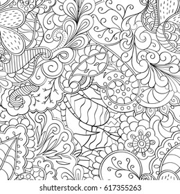 Tracery seamless pattern. Mehndi design. Ethnic monochrome binary doodle texture. Curved doodling black and white background. Vector