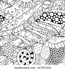 Tracery seamless pattern. Mehndi design. Ethnic monochrome binary doodle texture. Curved doodling black and white background. Vector