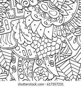 Tracery seamless pattern. Mehndi design. Ethnic monochrome binary doodle texture. Curved doodling black and white background. Vector