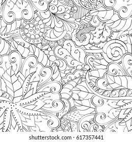 Tracery seamless pattern. Mehndi design. Ethnic monochrome binary doodle texture. Curved doodling black and white background. Vector
