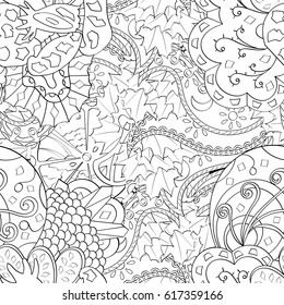 Tracery seamless pattern. Mehndi design. Ethnic monochrome binary doodle texture. Curved doodling black and white background. Vector