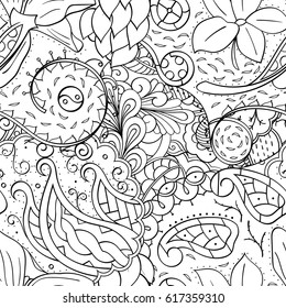 Tracery seamless pattern. Mehndi design. Ethnic monochrome binary doodle texture. Curved doodling black and white background. Vector