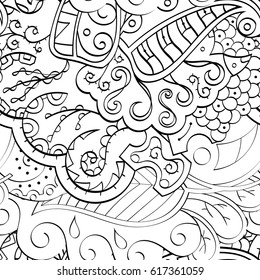 Tracery seamless pattern. Mehndi design. Ethnic monochrome binary doodle texture. Curved doodling black and white background. Vector