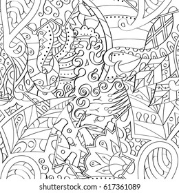 Tracery seamless pattern. Mehndi design. Ethnic monochrome binary doodle texture. Curved doodling black and white background. Vector