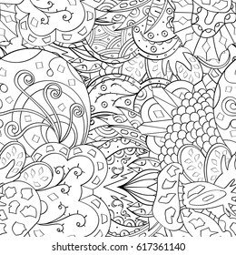 Tracery seamless pattern. Mehndi design. Ethnic monochrome binary doodle texture. Curved doodling black and white background. Vector