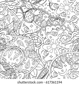 Tracery seamless pattern. Mehndi design. Ethnic monochrome binary doodle texture. Curved doodling black and white background. Vector