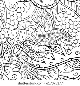 Tracery seamless pattern. Mehndi design. Ethnic monochrome binary doodle texture. Curved doodling black and white background. Vector