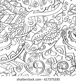 Tracery seamless pattern. Mehndi design. Ethnic monochrome binary doodle texture. Curved doodling black and white background. Vector