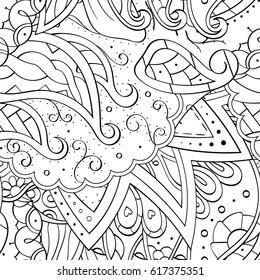 Tracery seamless pattern. Mehndi design. Ethnic monochrome binary doodle texture. Curved doodling black and white background. Vector