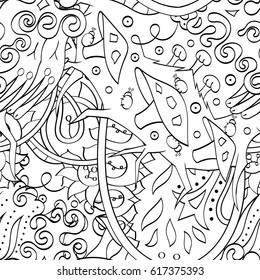 Tracery seamless pattern. Mehndi design. Ethnic monochrome binary doodle texture. Curved doodling black and white background. Vector