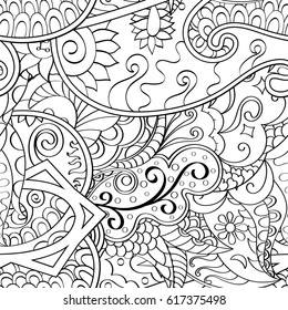 Tracery seamless pattern. Mehndi design. Ethnic monochrome binary doodle texture. Curved doodling black and white background. Vector